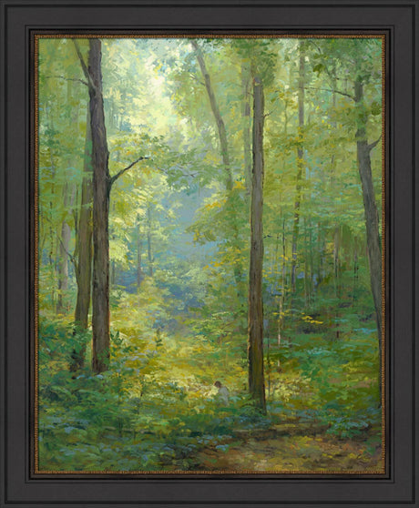 Joseph Smith kneeling in a grove of trees with a beam of light shining on him. Art 14