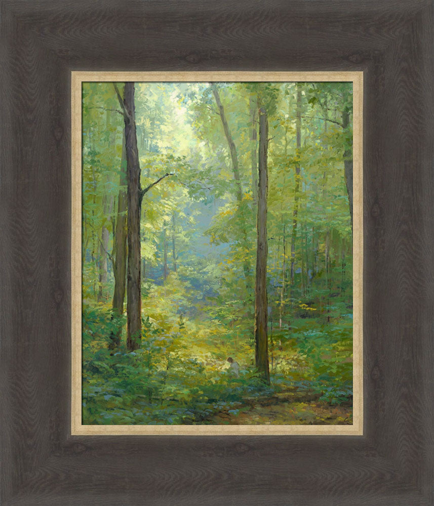 Joseph Smith kneeling in a grove of trees with a beam of light shining on him. Art 20