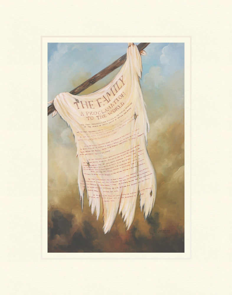 Title of liberty flag from the book of mormon with the Family Proclamation on it. Art