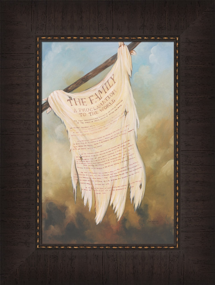 Title of liberty flag from the book of mormon with the Family Proclamation on it. Art 11