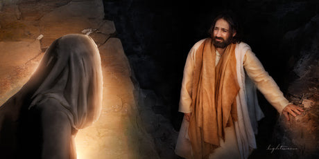 Jesus watching as Lazarus raises from the dead out of the tomb. 