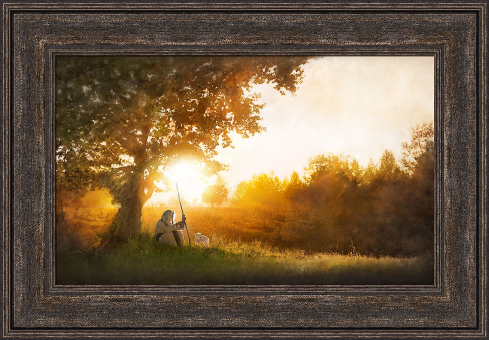 Jesus is the Good Shepherd sitting under tree with a lamb. Art 5