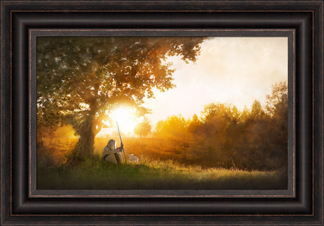 Jesus is the Good Shepherd sitting under tree with a lamb. Art 7