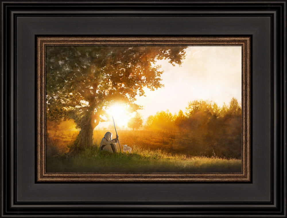 Jesus is the Good Shepherd sitting under tree with a lamb. Art 8