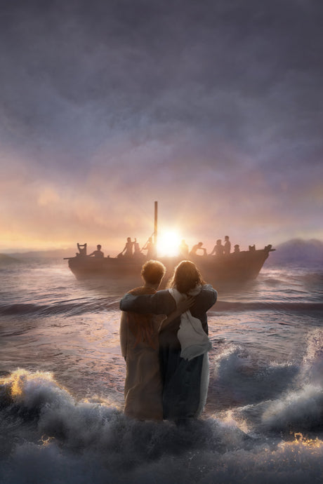 Jesus with his arm around Peter as they watch the ship come into the shore.