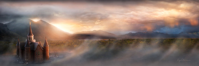 Provo City Center temple with fog at sunset panoramic.