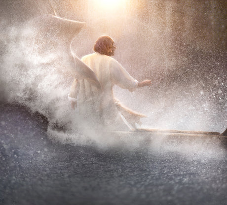 Jesus Christ stands at the center of a raging storm.