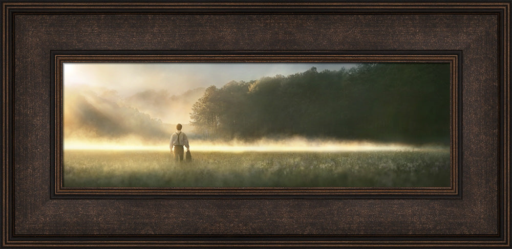 Young Joseph Smith walking towards a grove of trees. art 13