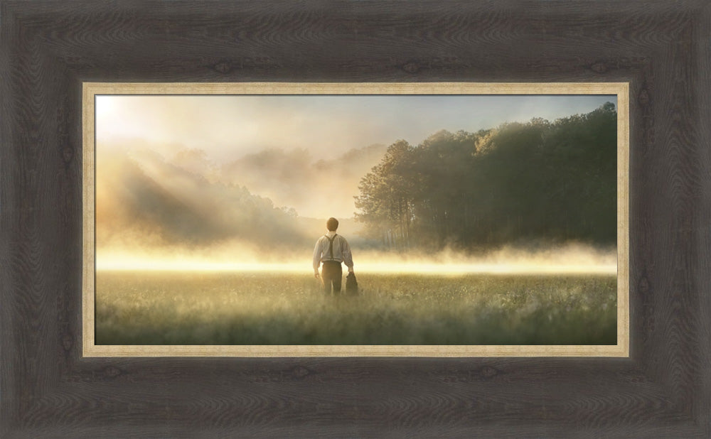 Young Joseph Smith walking towards a grove of trees. art 6