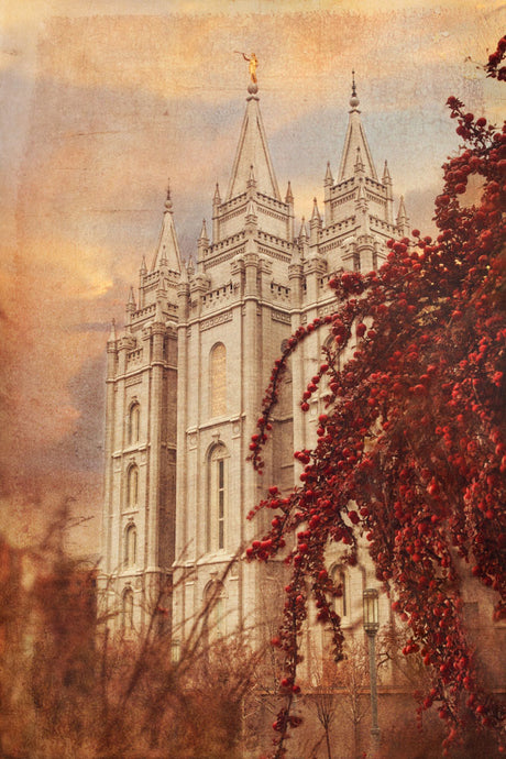 Salt Lake Utah Temple red leaves in autumn. 