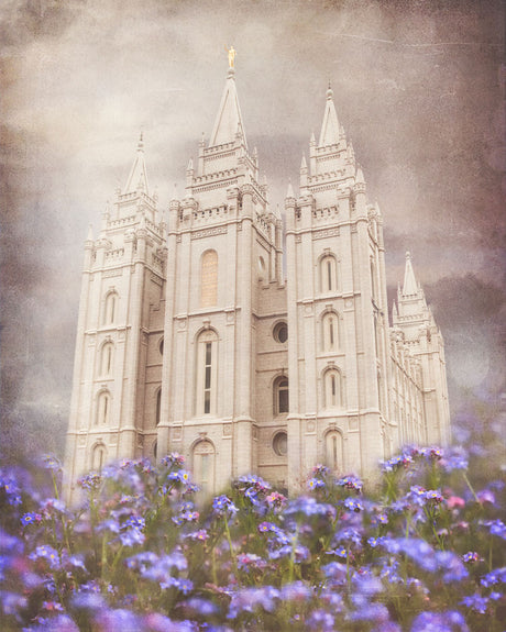 Salt Lake Utah Temple with purple flowers. 