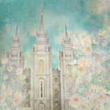 Salt Lake Utah Temple with yellow and orange drawn flowers.