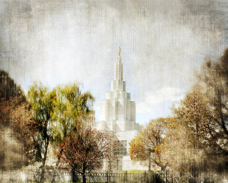 Idaho Falls Idaho Temple with trees. 