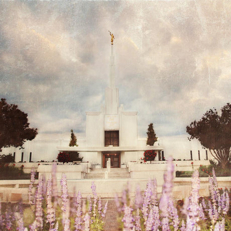 Denver Colorado Temple with purple flowers. 