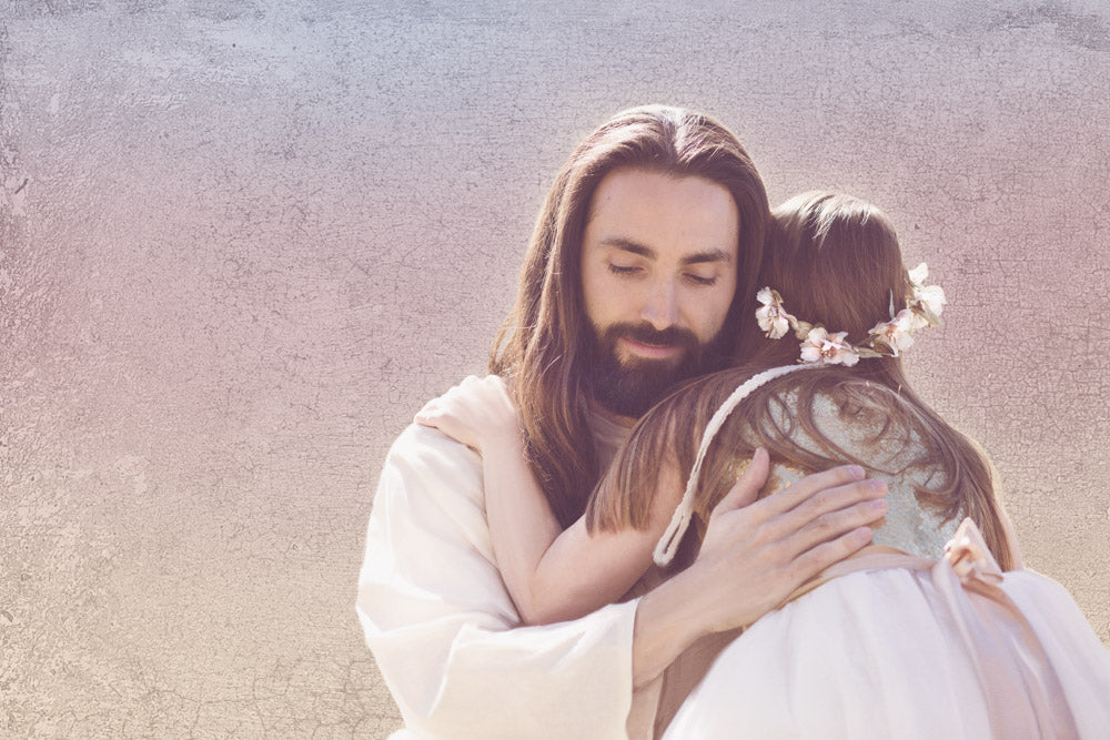 Young girl with flowers in her hair hugging Jesus Christ. 