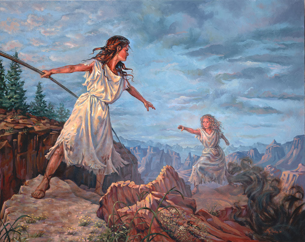 A young woman in a weathered white dress holding out the iron rod and reaching out to another young woman.