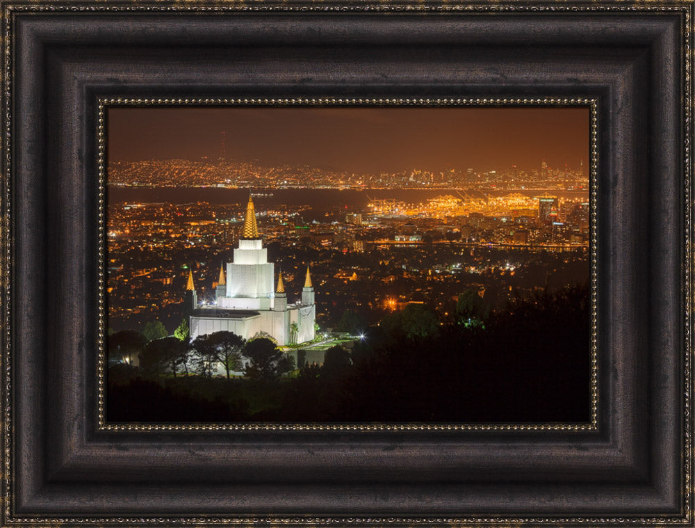 Oakland Temple - Night with Bay by Robert A Boyd