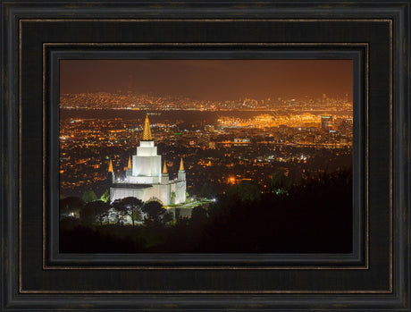 Oakland Temple - Night with Bay by Robert A Boyd