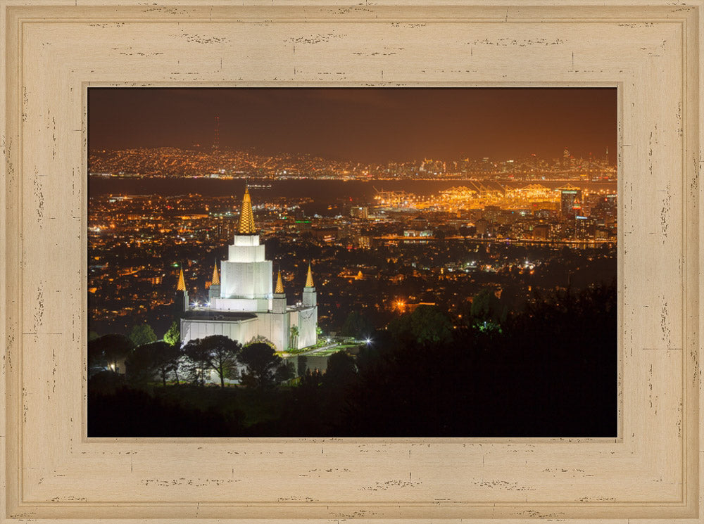 Oakland Temple - Night with Bay by Robert A Boyd