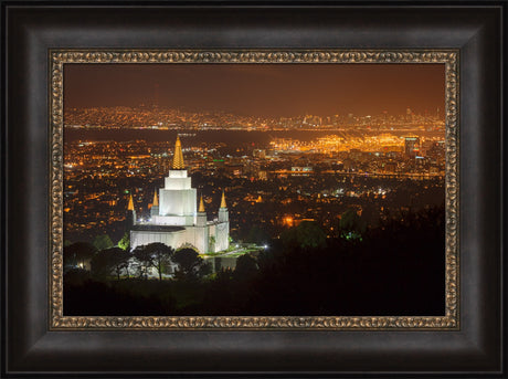 Oakland Temple - Night with Bay by Robert A Boyd