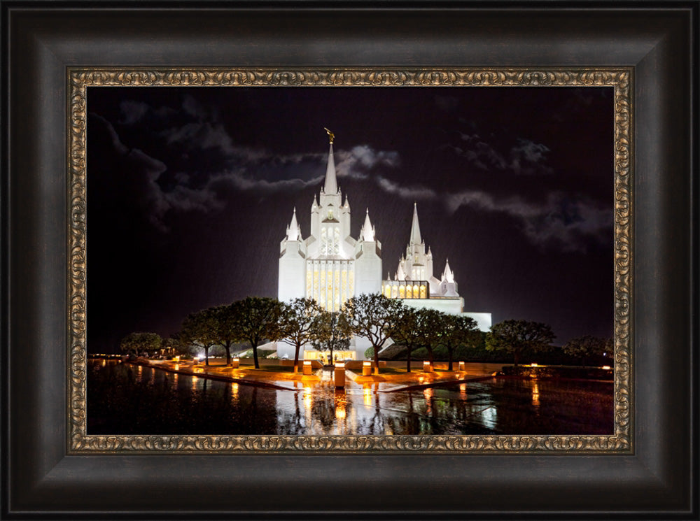 San Diego Temple - Rain Reflections by Robert A Boyd