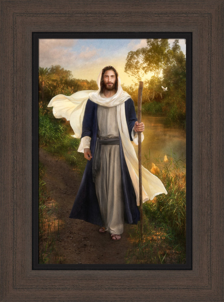 FOLLOW HIM BY ROBERT A BOYD - 10.25X15.25 - CANVAS - MEDIUM BROWN FRAME (OUTSIDE DIMENSION 14.75X19.75)