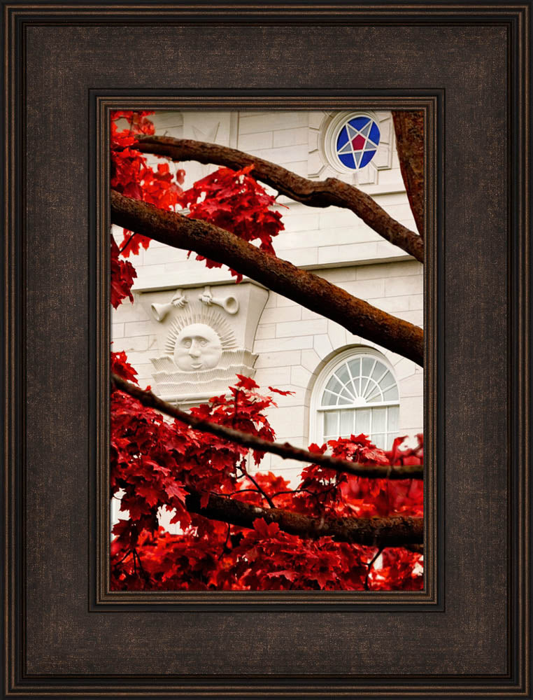 Nauvoo Temple - Red Leaves vertical crop by Robert A Boyd