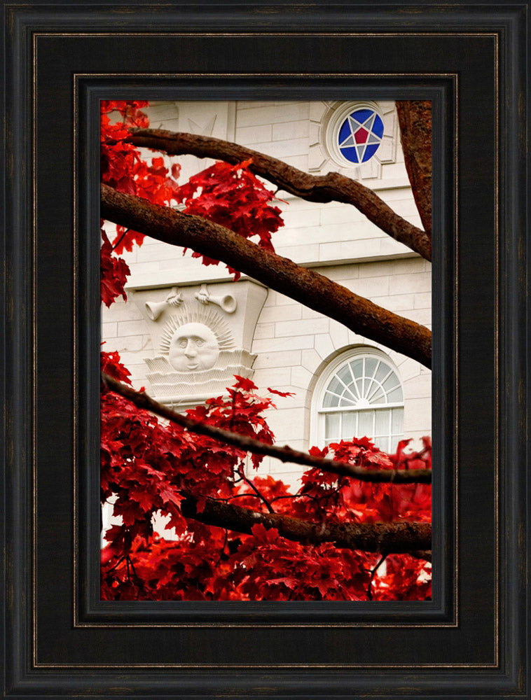 Nauvoo Temple - Red Leaves vertical crop by Robert A Boyd