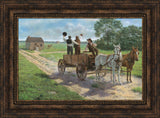 Heber C. Kimball, Brigham Young and Orson F. Whitney shout from a wagon. Art 8