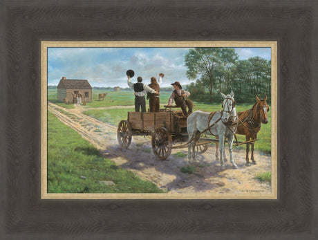 Heber C. Kimball, Brigham Young and Orson F. Whitney shout from a wagon. Art 9