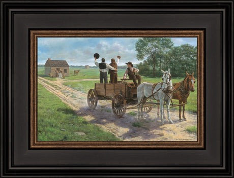 Heber C. Kimball, Brigham Young and Orson F. Whitney shout from a wagon. Art 10