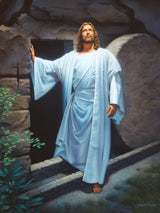 Resurrected Christ emerging from the tomb with the stone rolled away.