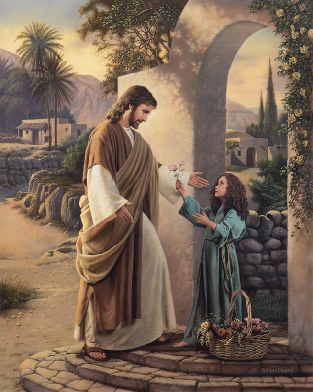 A child presents flowers to Jesus who is standing with outstretched arms.