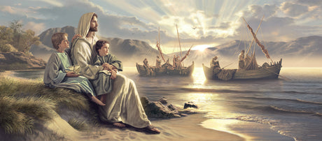 Jesus sits with boys beside the sea with fisherman and boats behind him.