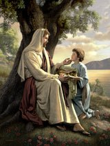 Jesus sitting by a tree; a boy offers a basket with two fishes and five loaves.