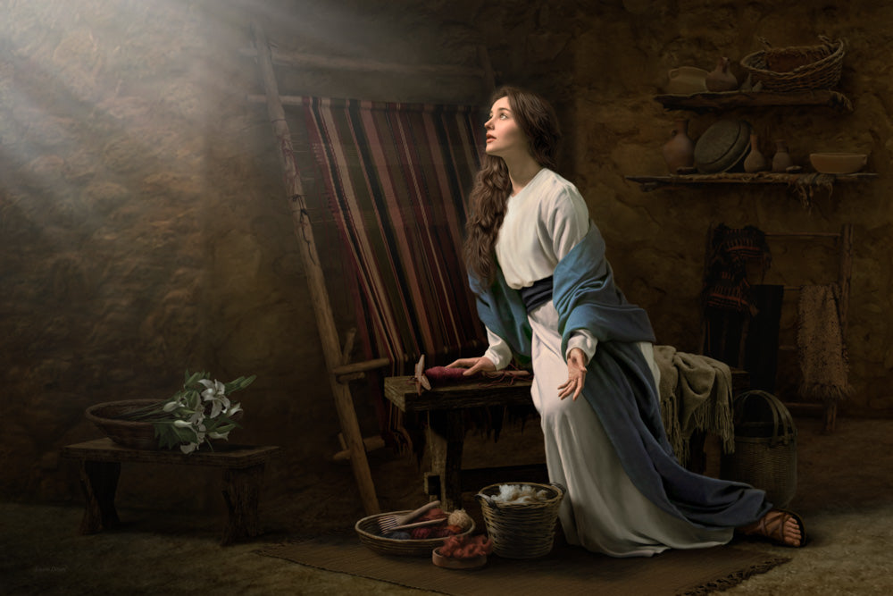 Mary sits next to a weaving loom with light from a window shining on her.