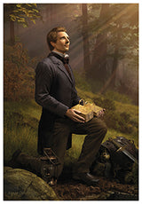 Man kneeling in a forest holding a glowing box with beams of sunlight filtering through trees. ARt1