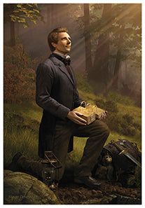 Man kneeling in a forest holding a glowing box with beams of sunlight filtering through trees. ARt1