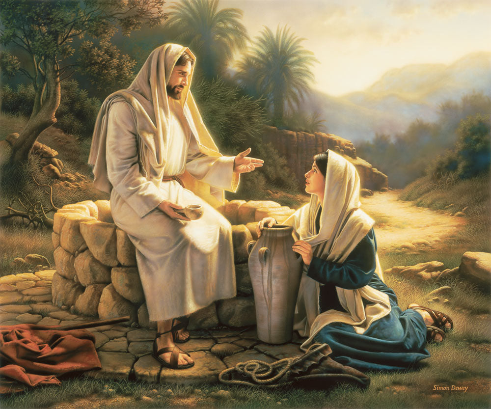 The Samaritan woman kneels beside the well as Jesus teaches her.