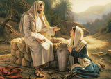 The Samaritan woman kneels beside the well as Jesus teaches her.