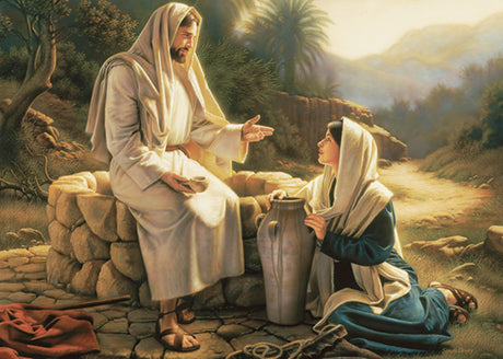 The Samaritan woman kneels beside the well as Jesus teaches her.