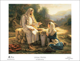 The Samaritan woman kneels beside the well as Jesus teaches her.