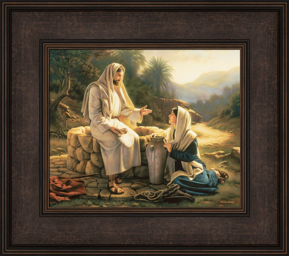 The Samaritan woman kneels beside the well as Jesus teaches her.