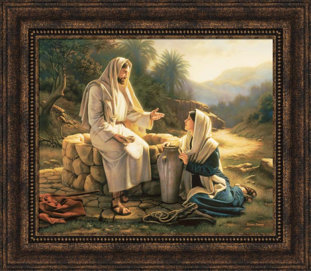 The Samaritan woman kneels beside the well as Jesus teaches her.