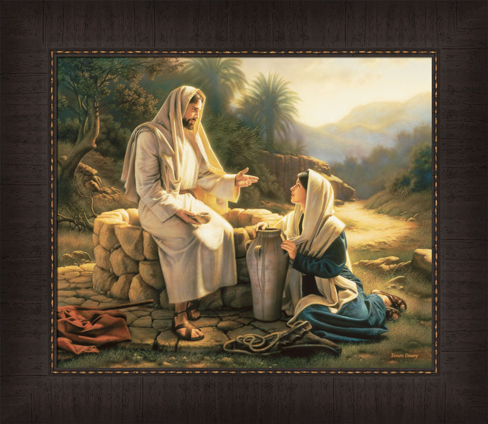 The Samaritan woman kneels beside the well as Jesus teaches her.