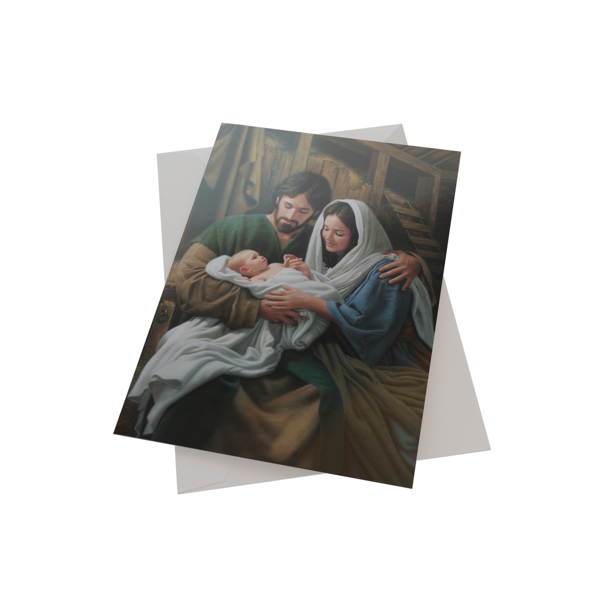 A beautifully illustrated Christmas card featuring the nativity scene, celebrating the birth of Jesus Christ by Simon Dewey.