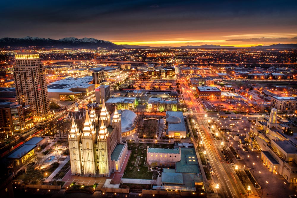 Salt Lake Temple - Sunset Cityscape by Scott Jarvie