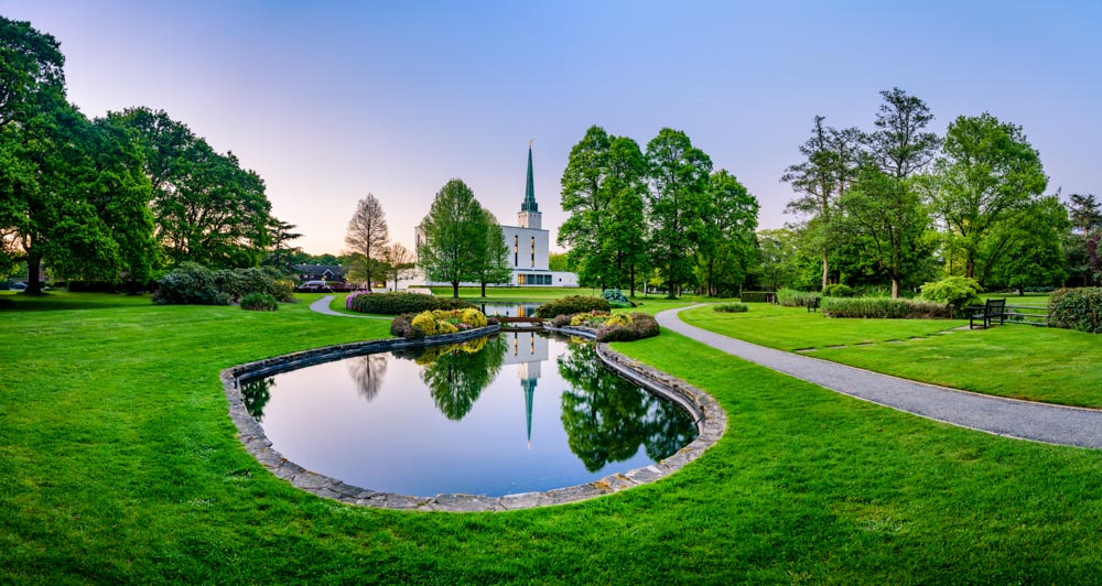 London England Temple - Reflection Pond Panorama by Scott Jarvie