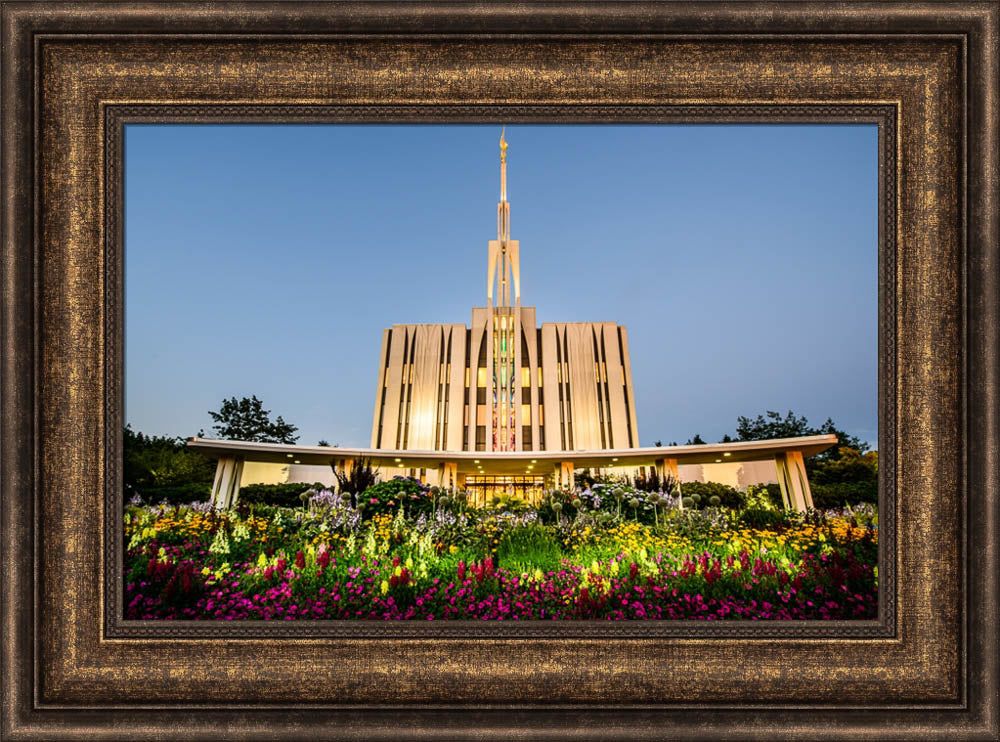 Seattle Temple - Sunset with Flowers by Scott Jarvie