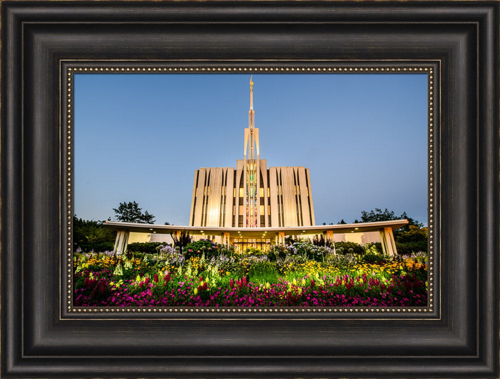 Seattle Temple - Sunset with Flowers by Scott Jarvie